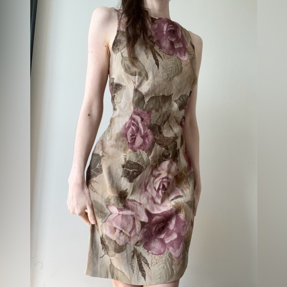 Vintage Brown & Pink Rose Floral Mini Dress Medium Romantic Whimsigoth Fairycore - Picture 8 of 9